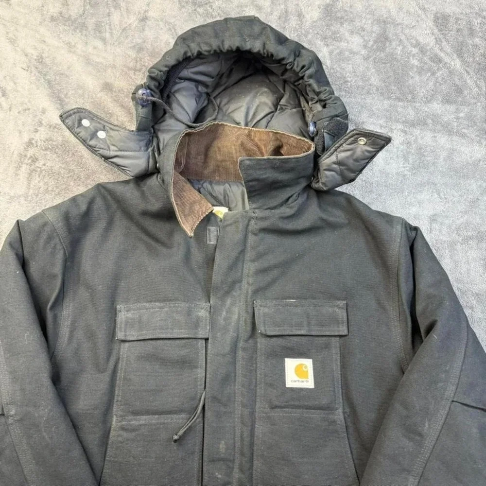 Carhartt Dearborn Hooded Coat Mens XL Black Duck Canvas Quilted Lined